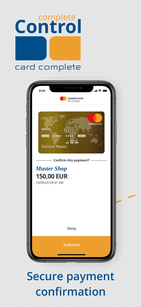 Smartphone screen showing a secure payment confirmation for a credit card transaction in the complete Control app