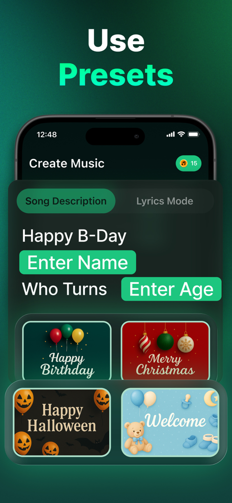 AI Song: AI Music Generator - Mobile App-Oberfläche, die KI-Musikgenerator-Voreinstellungen für personalisierte Geburtstags- und Feiertagslieder anzeigt.