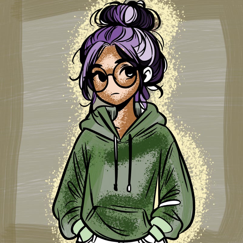 teen girl with a messy bun and glasses wearing a loose hoodie and jeans
