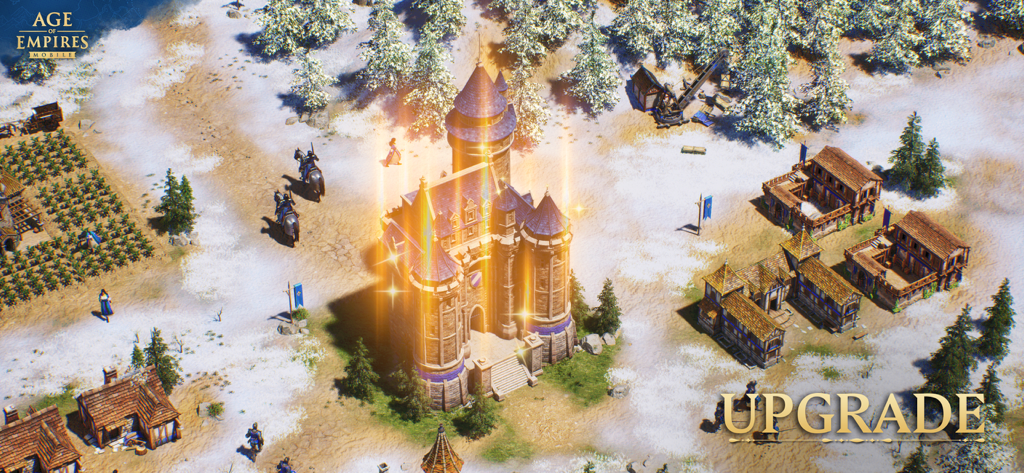 Age of Empires Mobile - Un castillo medieval siendo mejorado en un paisaje nevado en Age of Empires Mobile