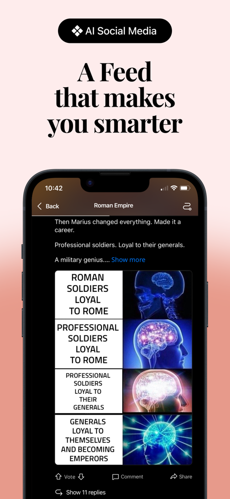 Hivemind: Study by Scrolling - Hivemind app interface showing a history meme about the Roman Empire in a social media feed style