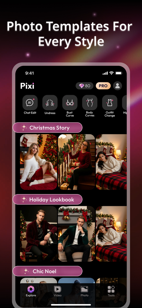 Screenshot of the Pixi AI app interface showing holiday-themed photo templates for every style including Christmas Story and Holiday Lookbook.