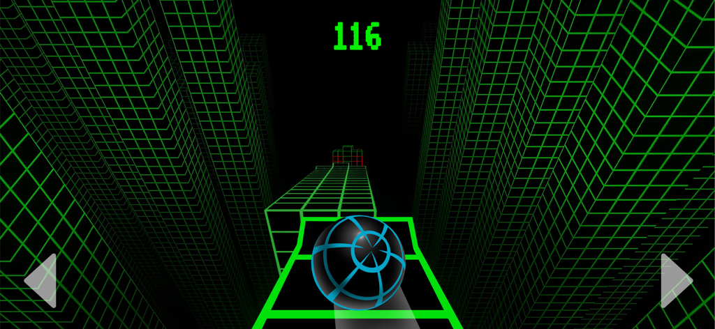 A rolling ball on a neon green grid path in the Slope Game mobile app