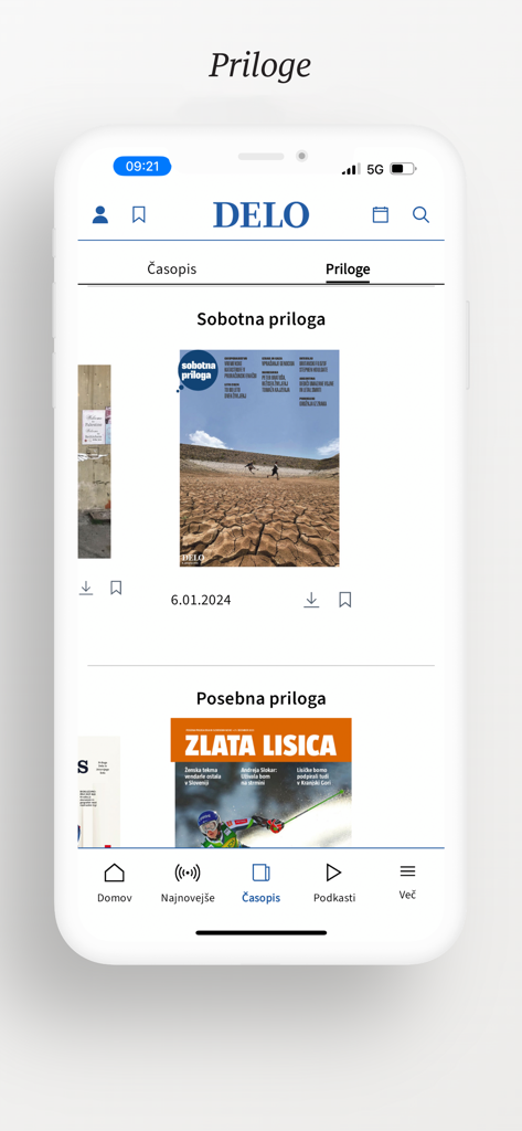 Interfaz móvil de la aplicación Delo mostrando suplementos de periódico disponibles, incluyendo Sobotna priloga y ediciones especiales.