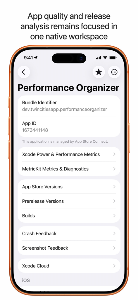 Performance Organizer - Performance Organizer-App-Dashboard mit Entwickler-Metriken und Diagnosen auf einem iPhone