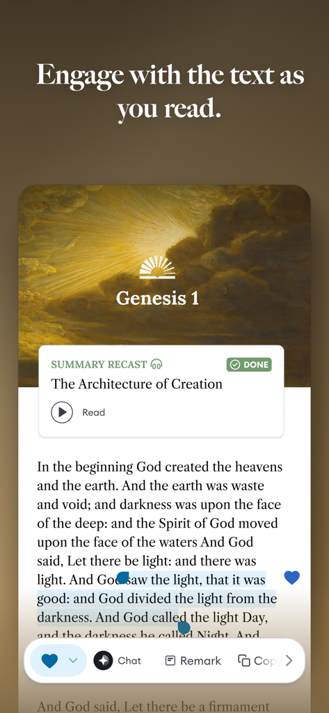 Rebind Study Bible - Reading interface of the Rebind Study Bible app showing Genesis text with interactive study tools and expert summaries