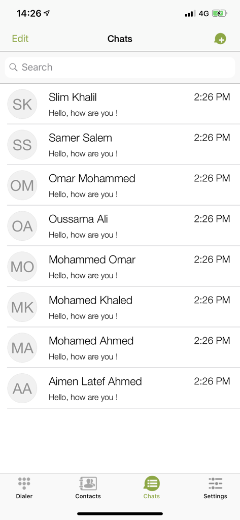 الو ليبيا - Pantalla de lista de chats de la aplicación de comunicación Allo Libya