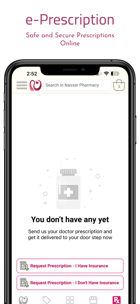 Nasser Pharmacy - Nasser Pharmacy mobile app e-prescription request interface with insurance options