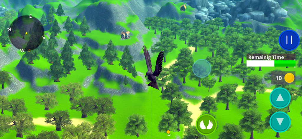 Raven Crow Bird Simulator 3D - A black raven flying over a green forest and mountain landscape in a 3D bird simulation game