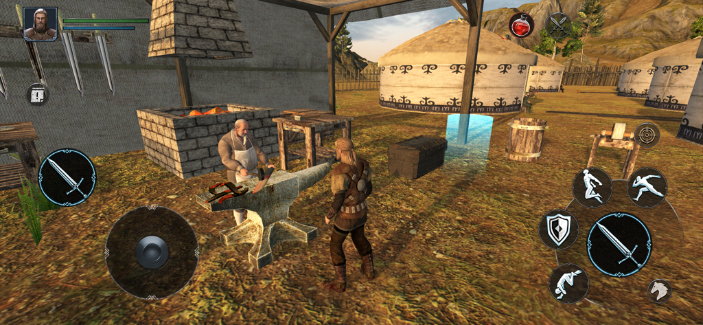 Ertugrul Gazi 3: RPG Battle - Un personaje guerrero de pie cerca de un herrero en un yunque en un campamento tribal histórico