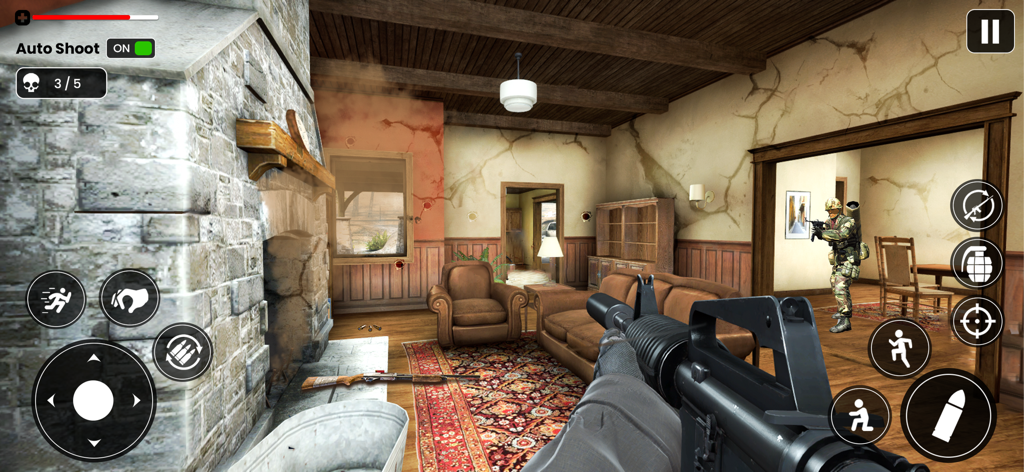 FPS Strike Modern Battle Force - First person perspective of a soldier holding an assault rifle during indoor combat in a rustic house.