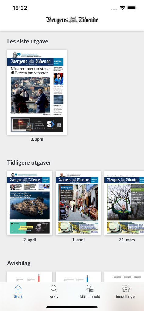 BT e-avis - BT e-avis 앱 홈 화면, 베르겐스 티덴데의 최신 및 이전 디지털 에디션 표시