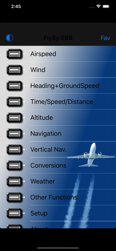 FlyBy E6B main menu interface displaying aviation calculation options