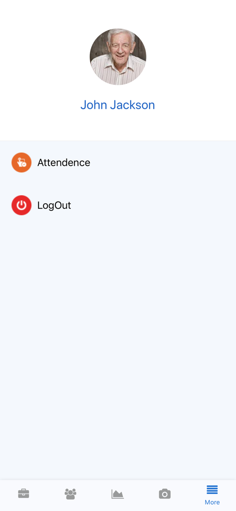 iCareManager app interface displaying a resident profile with attendance and logout options