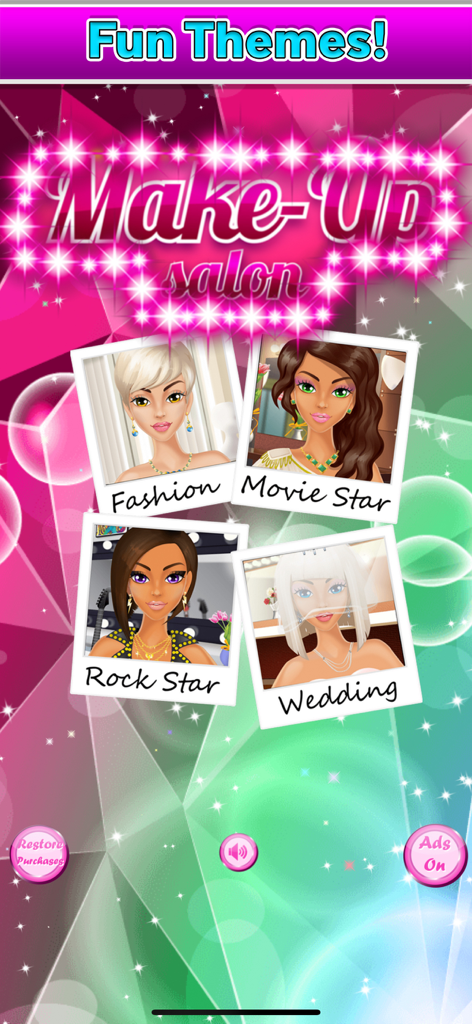 Makeup Girls game theme selection screen featuring Fashion Movie Star Rock Star and Wedding options
