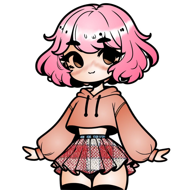 cute femboy with short, fluffy hair that softly frames their face, wearing a cropped hoodie, paired with a flouncy short skirt, and thigh-high stockings