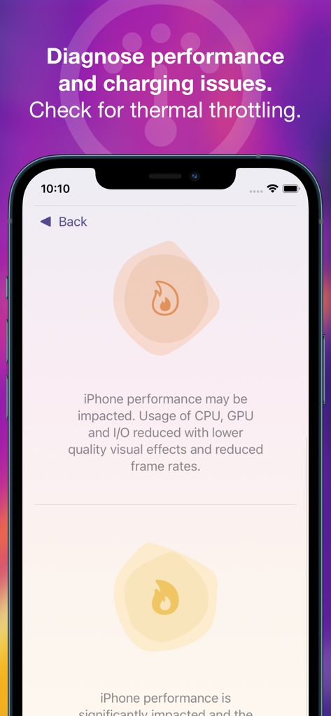 Thermals - Captura de pantalla de la aplicación Thermals que muestra el estado de rendimiento y limitación térmica del iPhone
