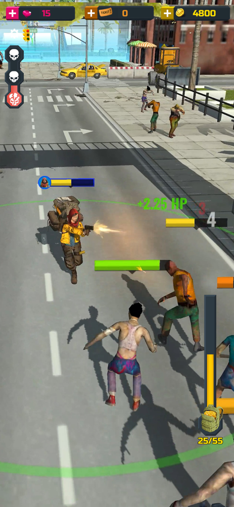 A survivor in a yellow jacket shooting at a group of zombies on a city street in Zombie Survival Apocalypse gameplay.