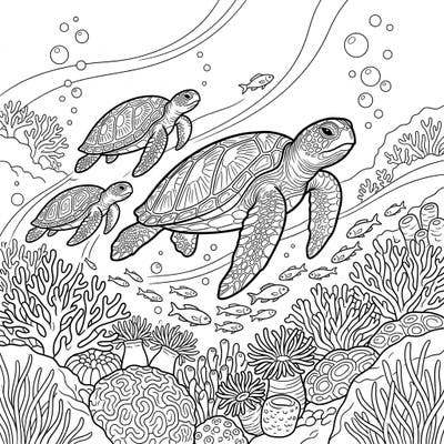 Experience the wonder of sea turtle migration with this detailed coloring page. Follow a family of turtles on their journey through a bustling underwater world filled with coral and fish.
