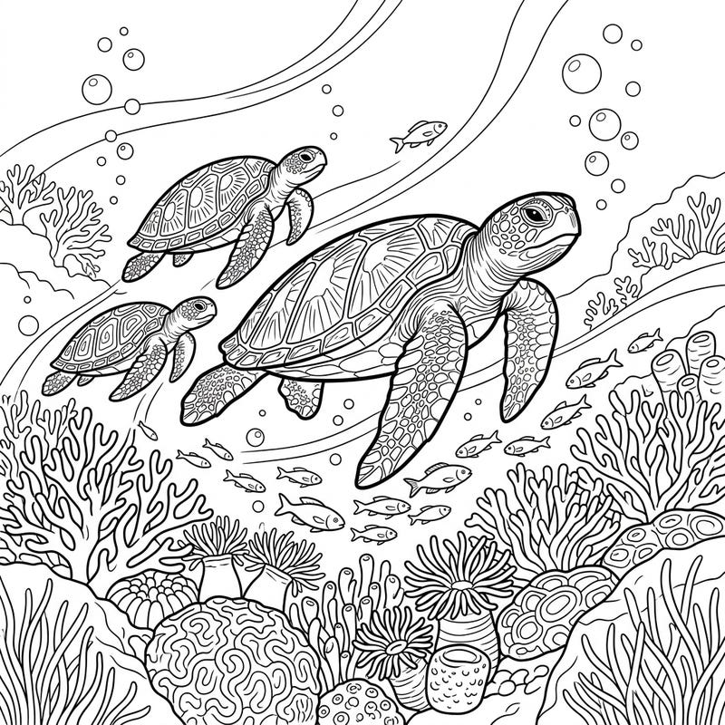 Experience the wonder of sea turtle migration with this detailed coloring page. Follow a family of turtles on their journey through a bustling underwater world filled with coral and fish.