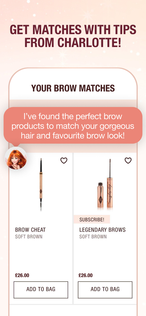 CHARLOTTE TILBURY: EASY BEAUTY - Screenshot of the Charlotte Tilbury app showing personalized brow product recommendations and matches