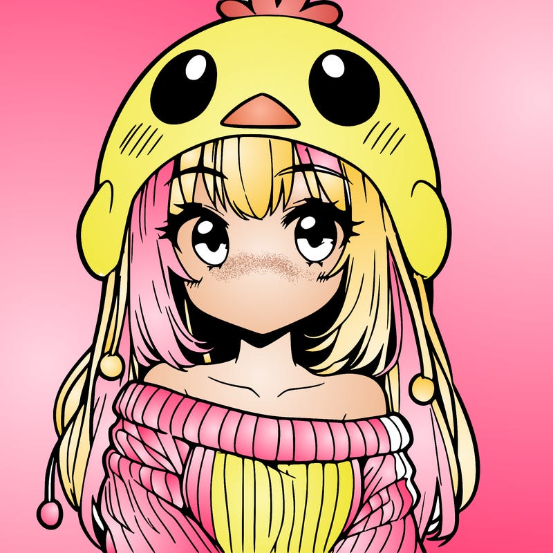 anime girl with chick shaped hat with sweater with bare shoulders with bangs covering them one eye with low tail