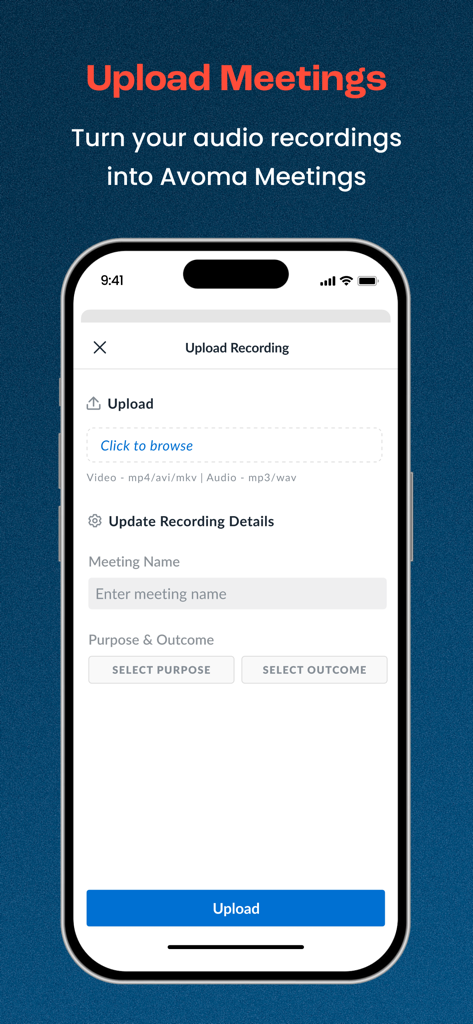 Avoma mobile interface for uploading meeting audio and video recordings for AI processing