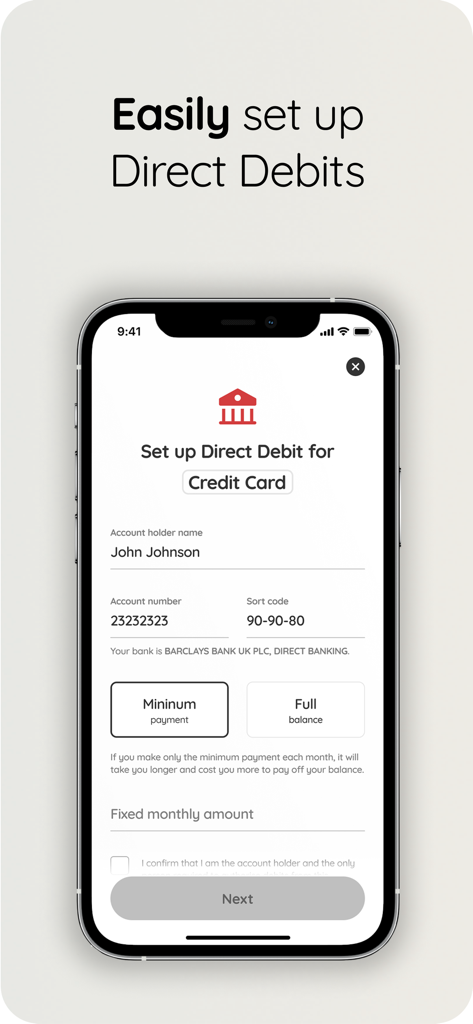 118 118 Money - Screenshot of the 118 118 Money app screen for setting up a direct debit for a credit card with payment options