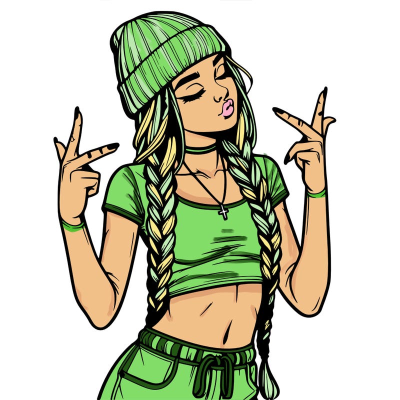 realistic teenage girl with braids and a beanie and crop top doing 🫶🏼