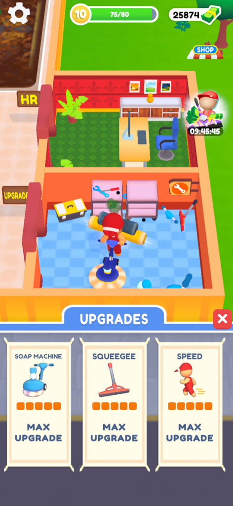 Carpet Cleaning ASMR - Carpet Cleaning ASMRのゲームプレイで、クリーニングオフィスと最大化された機器アップグレードメニューが表示されます。