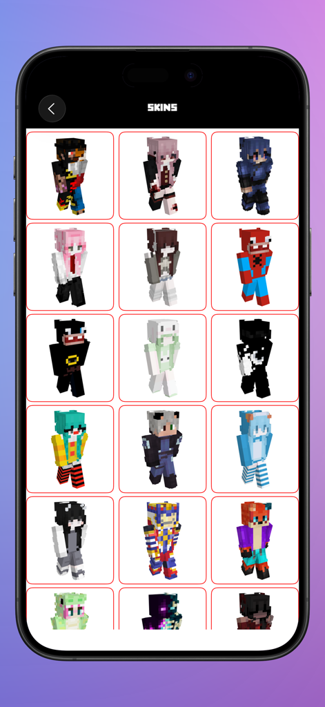 Addons for Minecraft PE ▶ - A mobile app screen showing a collection of custom Minecraft character skins