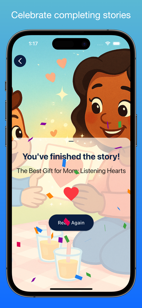 Kids Bible Stories app | Grace - Una pantalla de celebración de la aplicación Grace que muestra una madre y un niño con confeti después de completar una historia bíblica