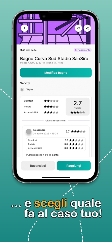 Visão detalhada de um banheiro no aplicativo mostrando avaliações da comunidade e comentários de usuários.