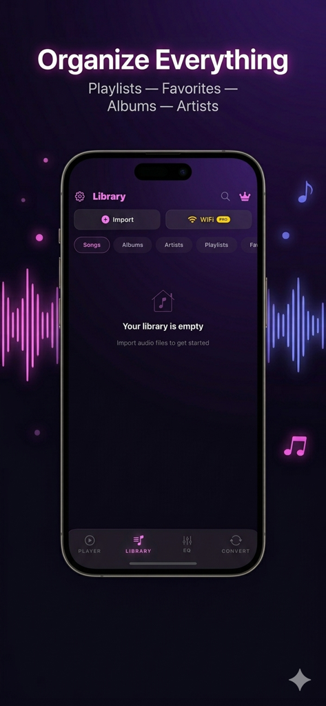 MP3 Player & Audio Music Mixer - Pantalla de biblioteca de la aplicación Reproductor MP3 para organizar archivos de música locales por listas de reproducción, álbumes y artistas.