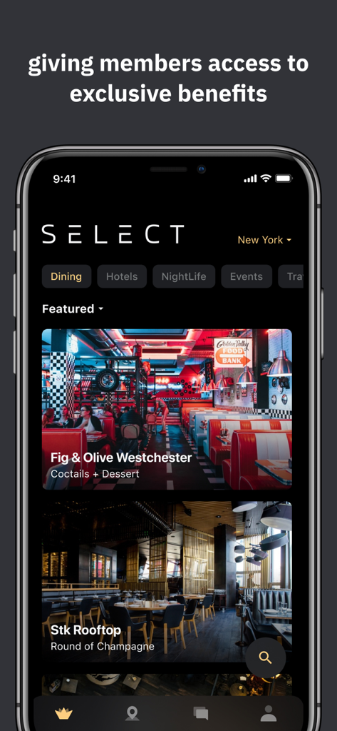 SELECT Card mobile app screen showing exclusive member benefits for dining and nightlife in New York.