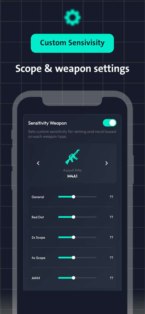 FFH Quatro - FFH Quatro mobile app screen for custom weapon and scope sensitivity settings