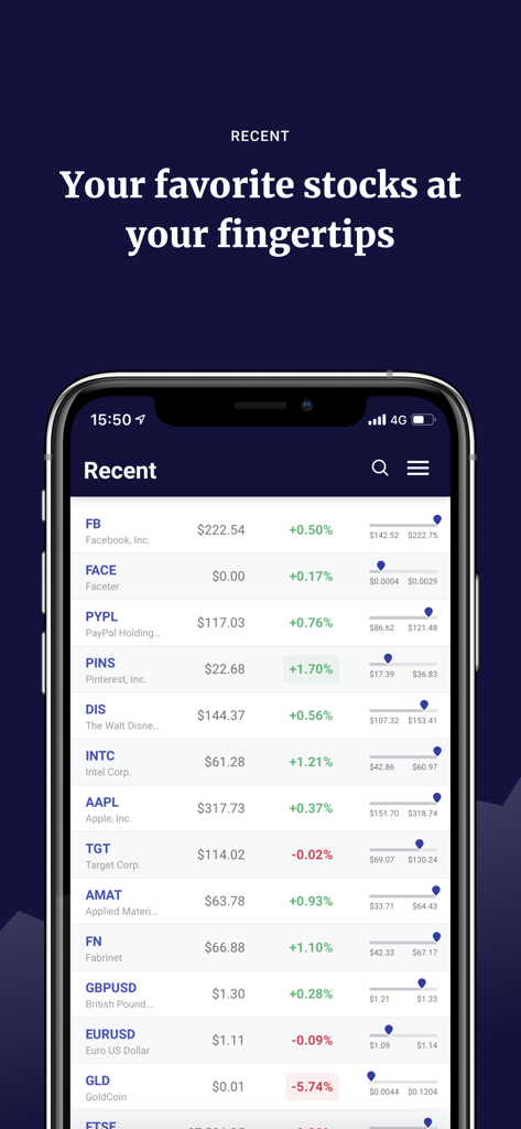 wallmine: Stocks & Bitcoin - Mobile app screen showing a watchlist of various stocks and currencies with prices and daily performance data.