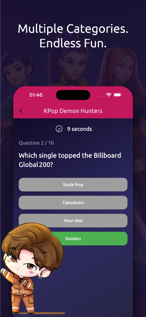Kpop Idol PopQuiz - Una pantalla de trivia de K-pop de la aplicación Kpop Idol PopQuiz que pregunta qué sencillo encabezó el Billboard Global 200.
