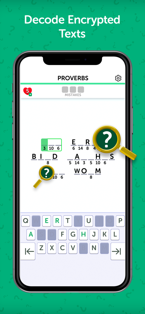 A mobile screen showing the Cryptowords app where a user solves a cryptogram proverb by substituting numbers for letters.