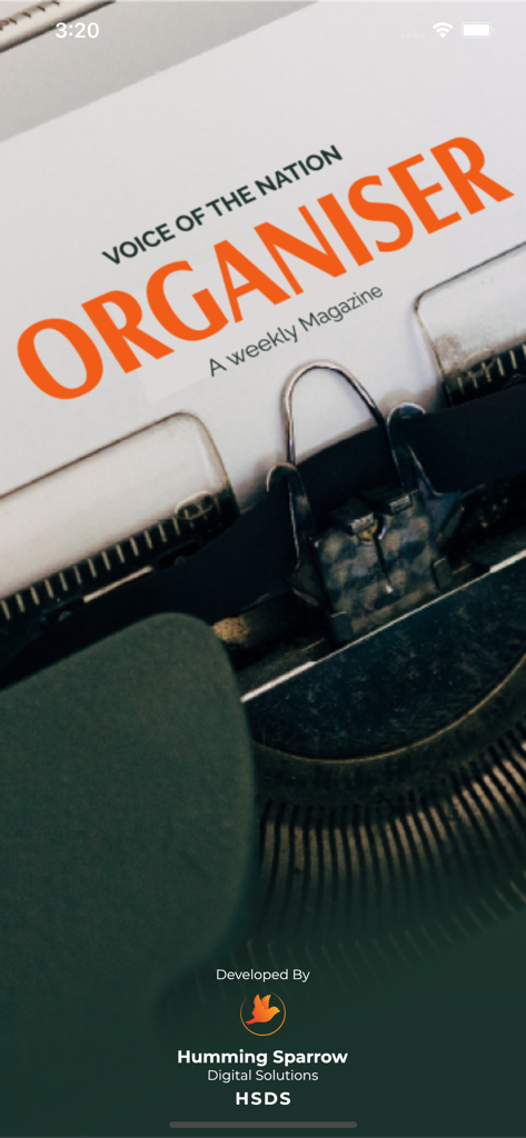 Organiser - Voice of Nation - Splash screen of Organiser Voice of Nation app with a vintage typewriter and magazine title