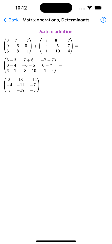 ALG Math Solver - Step-by-step matrix addition calculation shown in the ALG Math Solver app interface