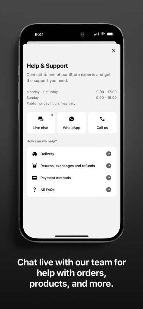 iStore South Africa help and support screen with live chat and contact options