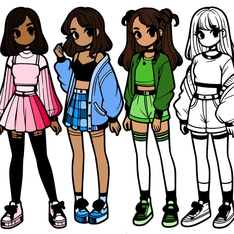 one girl with crop-top shirt and a jacket with a skirt, long socks and another girl with a shirt and pants with a jacket