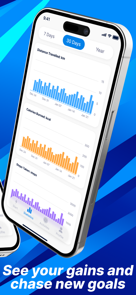 MoveTrack: Walk Run Cycle - MoveTrackアプリの統計画面。移動距離、消費カロリー、歩数の月次棒グラフを表示しています。