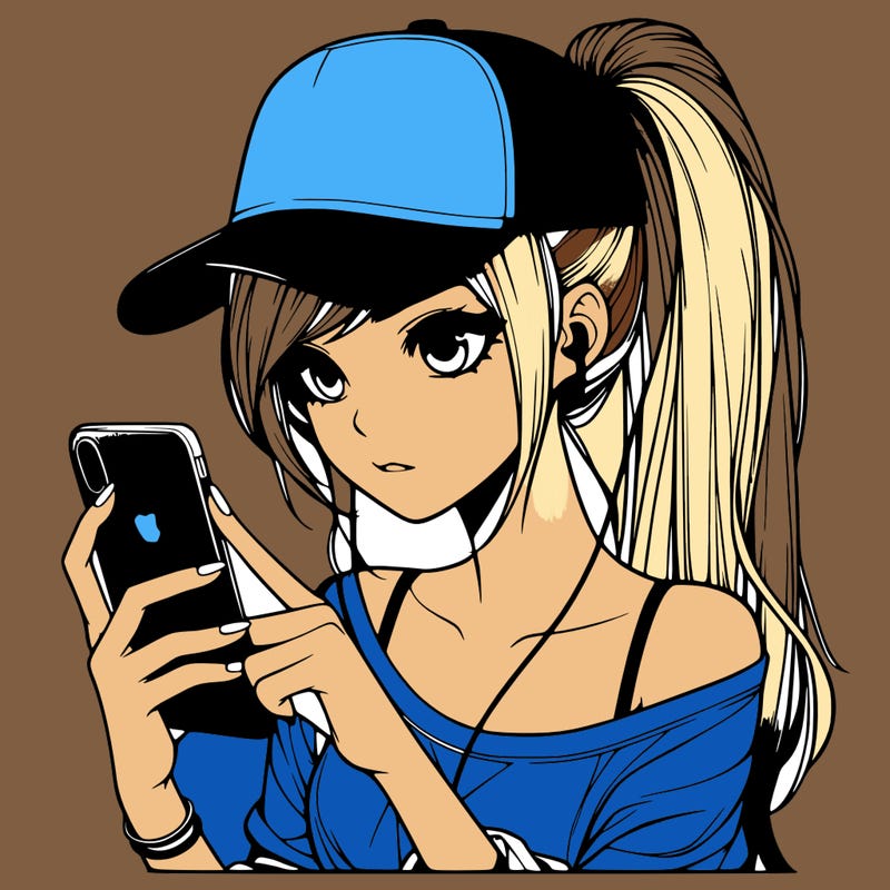 realistic girl with a long ponytail and trucker hat holding an iphone