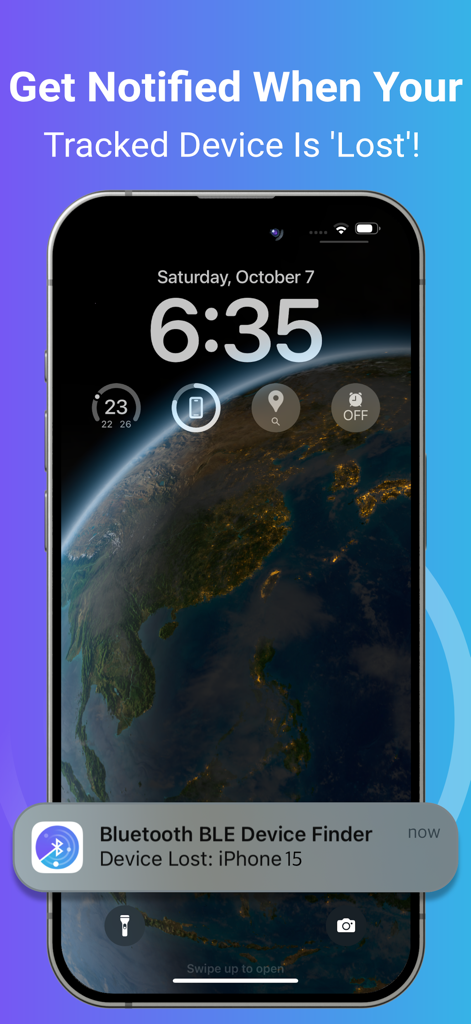 Pantalla de bloqueo del iPhone mostrando una notificación de un dispositivo Bluetooth perdido.