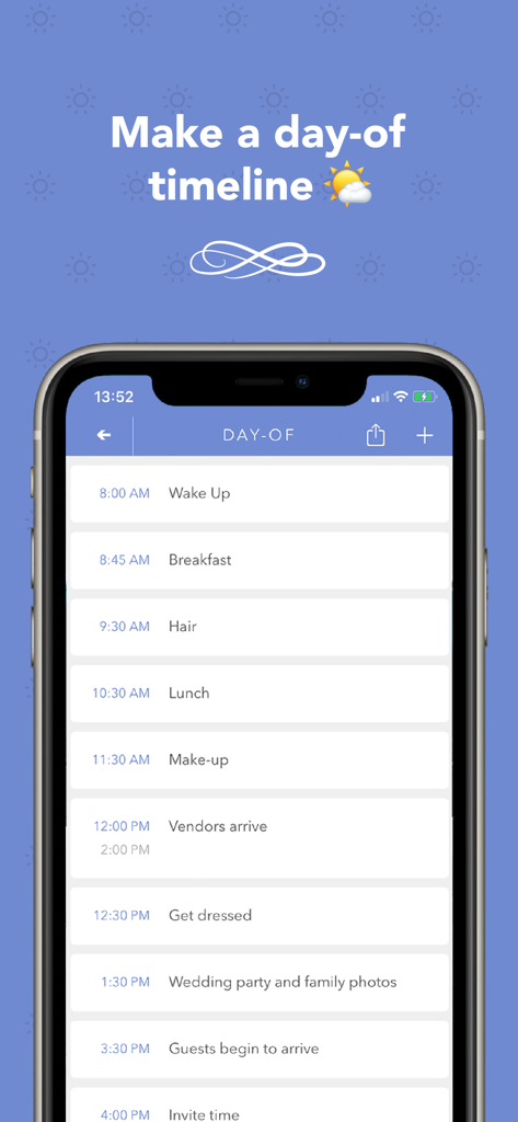 Une interface mobile de l'application Wedding Planner montrant un calendrier détaillé du jour J, des préparatifs du matin à l'arrivée des invités.