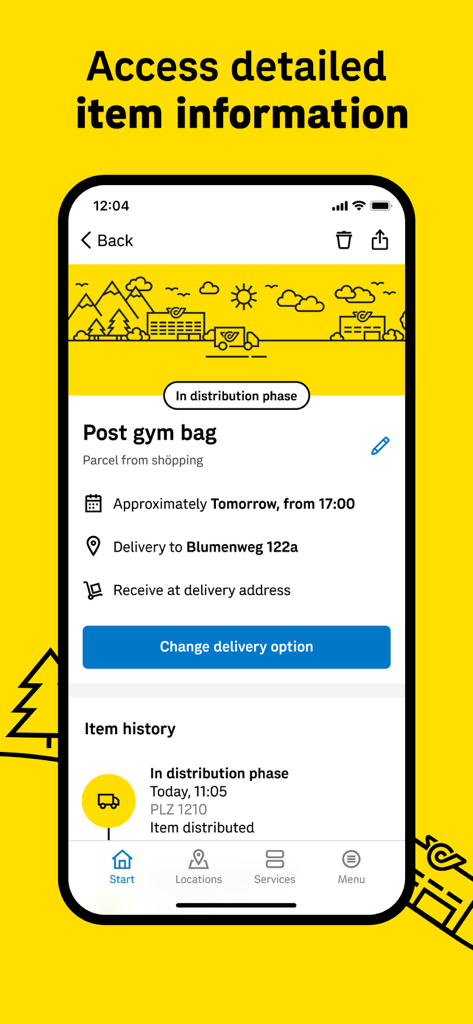 A screenshot of the Austrian Post app showing detailed tracking information and delivery options for a package in the distribution phase.