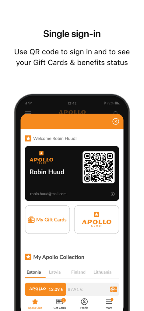 Apollo Kino Latvija app interface displaying a digital membership card with a QR code for the Apollo Club loyalty program