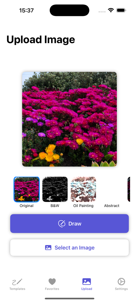 Interface of the AR Drawing app showing the upload image screen with options to apply filters like black and white and oil painting to a photo of flowers.